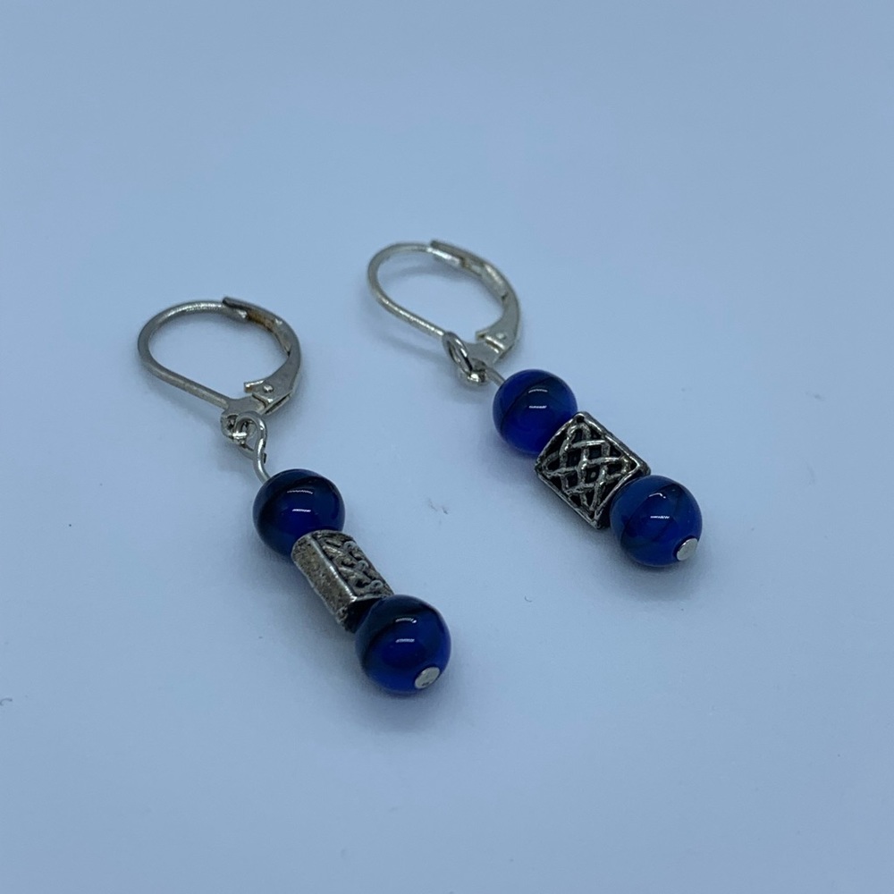 Silver Tone and Blue Cobalt Beaded Earrings with Lever Backs ( 3 for $20 )